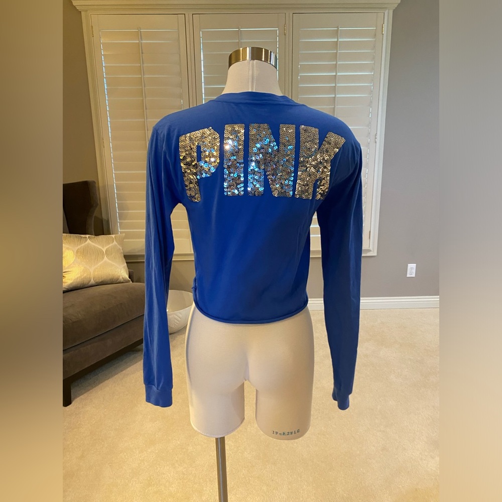 PINK Blue Crop Long Sleeve Tee with Sequins (Size XS) NWOT